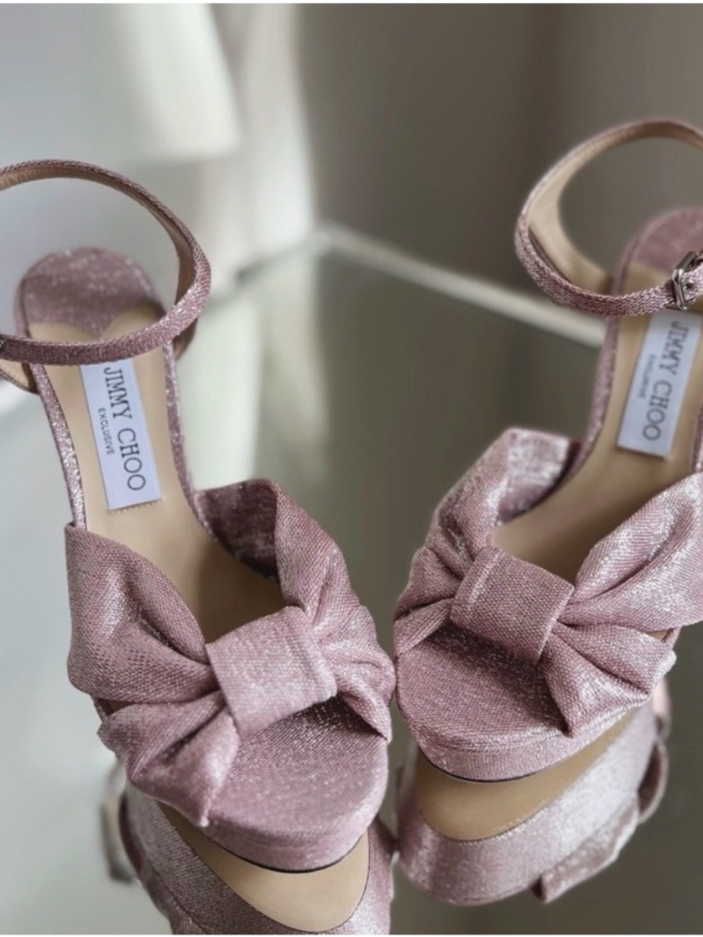 NWOT. Jimmy Choo Metallic Blush Bow Platform Sandals